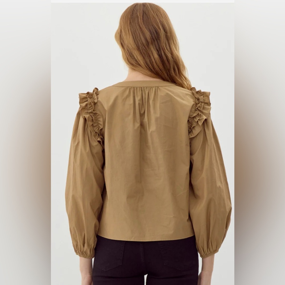 NWT! JODIFL Camel Tan Ruffle and Bow Blouse - Picture 2 of 8